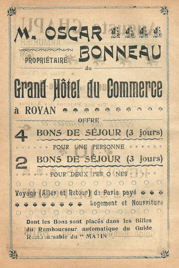 Werbung für das Grand Hotel du Commerce in Paris mit Text auf altem Papier.