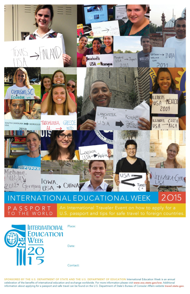 Plakat für die Internationale Bildungswoche 2015 mit einer Gruppe strahlender Menschen, die Schilder mit texten zur Veranstaltung halten.