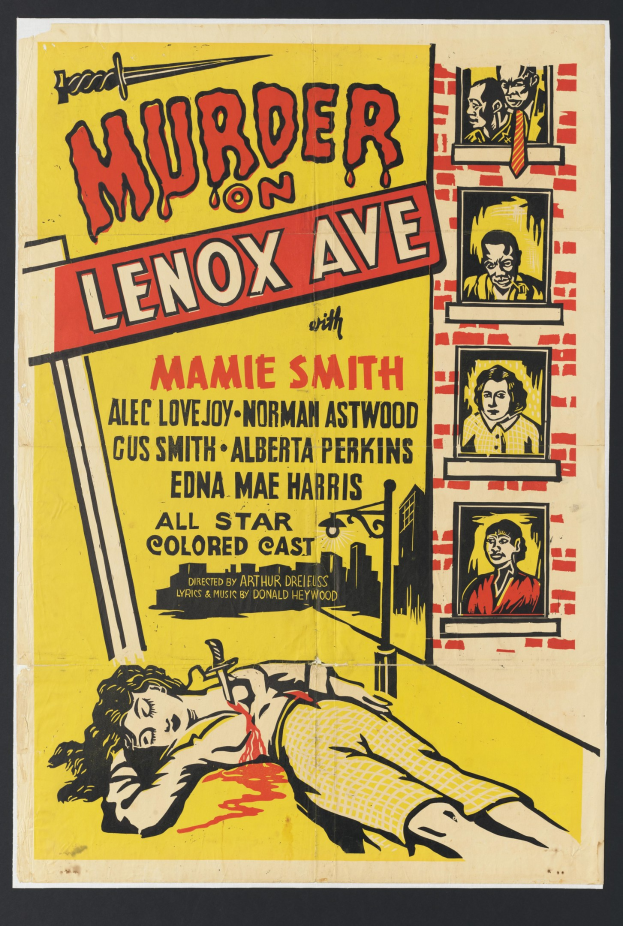 Filmplakat für "Mord auf Lenox Avenue", das eine Frau am Boden zeigt, umgeben von kleineren Bildern von Menschen, mit Text, der wahrscheinlich den Titel angibt.