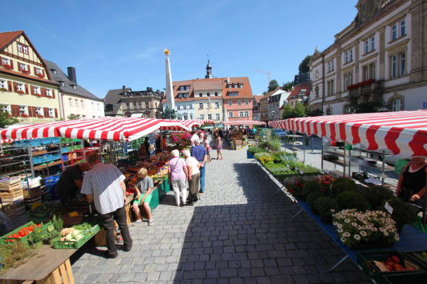 Ein belebter Markt im alten Stadtkern von Heidelberg, Deutschland, mit Menschen, die spazieren gehen, auf Bänken sitzen und in der Nähe von Zelten stehen, umgeben von Körben mit Gemüse auf Tischen, Gebäuden mit Fenstern, Bäumen und einem klaren blauen Himmel.
