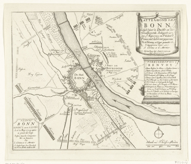 Alte detaillierte Karte von Bonn, Frankreich, zeigt Straßen, Gebäude und Sehenswürdigkeiten mit beschreibenden Textanmerkungen.