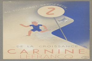 Ein Karnevalsplakat in Frankreich mit einer Person in einem hellgelben Kleid, die in der Mitte strahlend lächelt, umgeben von schwarzem, fetten Text, der 'Karneval' lautet.