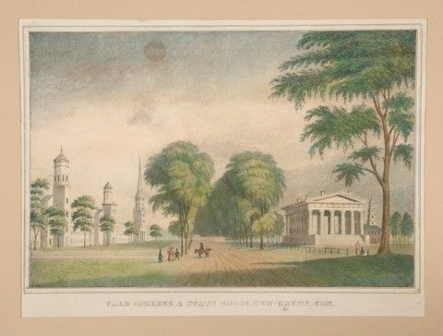 Gemälde der Justiztempel und St. Georgs Kapelle in Savannah, Georgia, mit einem Park mit Bäumen, Menschen, Gras und einem Gebäude im Hintergrund unter einem sichtbaren Himmel, mit Text unten.