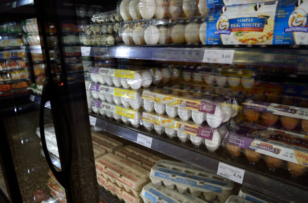 Ein Supermarktkühlschrank voller ordentlich arrangierter Eier, jedes mit einem Preisschild, im Vordergrund mit einem leicht unscharfen Hintergrund.