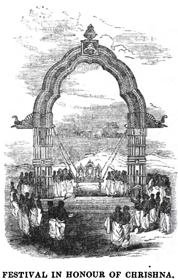 Schwarzes und weißes Zeichnung eines Festes zu Ehren von Krishna mit einem zentralen Bogen, umgeben von Menschen, mit Text unten.