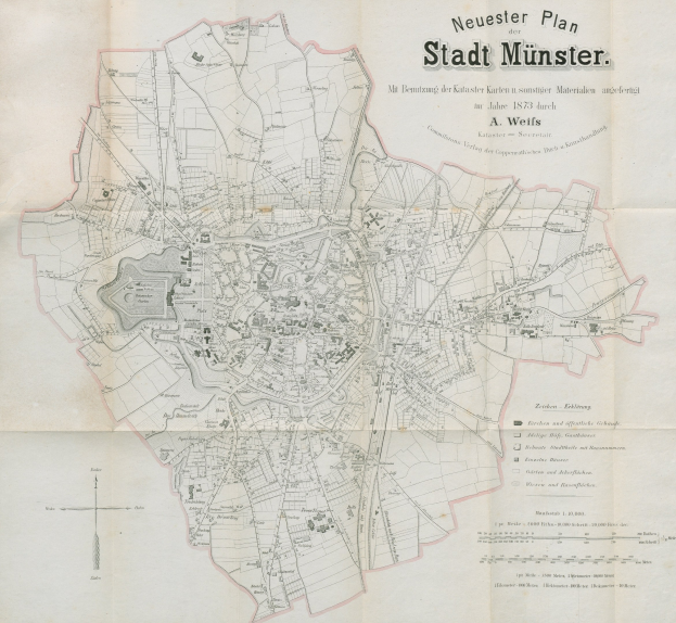 Alte detaillierte Karte von Stadt Münster, Deutschland aus dem Jahr 1873, die Text und Stadtlayout zeigt.