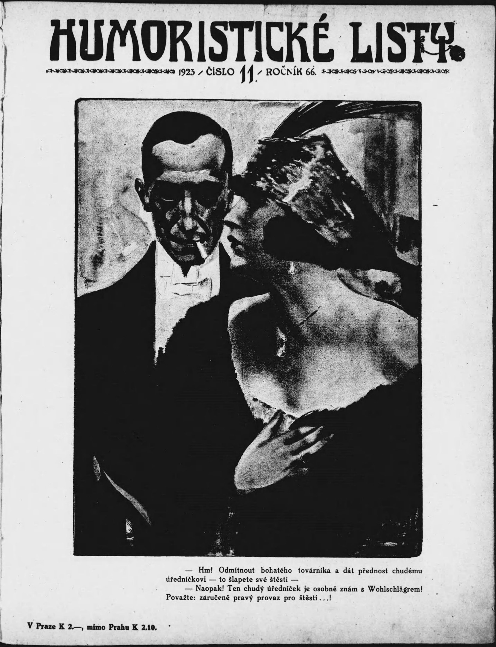 Schwarzes und weißes Magazin-Cover mit der Überschrift 'Humoristische Liste', das einen Mann in einem Anzug mit ernster Miene und eine Frau zeigt, die wegsieht und schmunzelt.