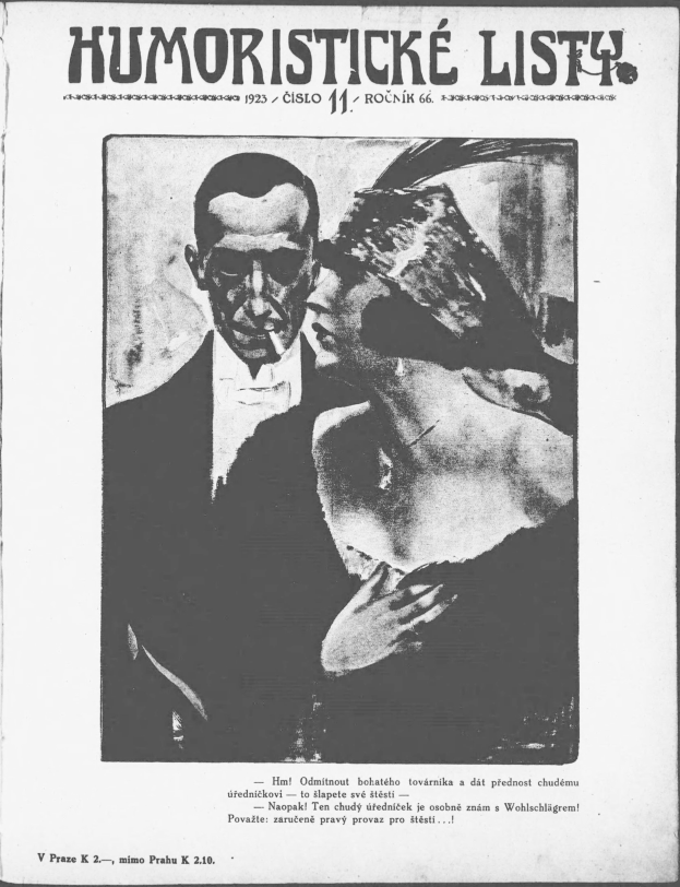 Schwarzes und weißes Magazin-Cover mit der Überschrift 'Humoristische Liste', das einen Mann in einem Anzug mit ernster Miene und eine Frau zeigt, die wegsieht und schmunzelt.