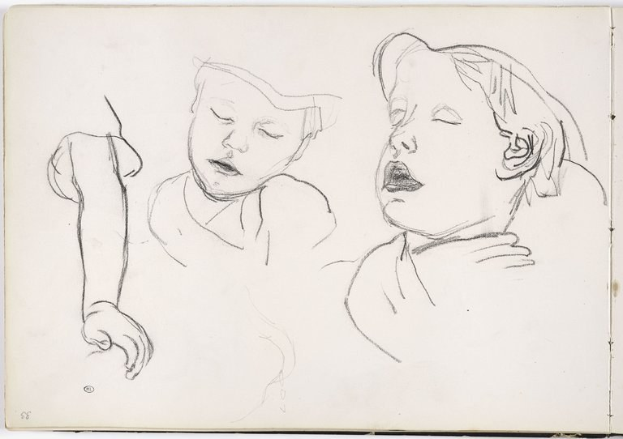 Schwarze Tusche-Zeichnung auf weißem Papier von zwei Kindern, einem Jungen und einem Mädchen, die sich gegenüberstehen, wobei der Arm des Jungen um die Schulter des Mädchens liegt, beide mit friedlichen Gesichtern.