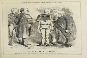 Zeichnung eines kleinen Jungen mit einer Kamera, umgeben von Menschen, mit dem Text "Kleiner Junge Stimmzettel" unten.