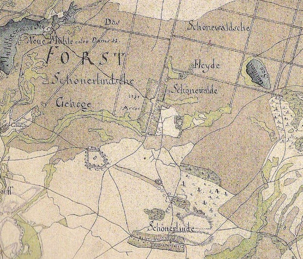 Ausführliche alte Karte von Forst, Deutschland, mit Straßennamen, Gebäuden und Sehenswürdigkeiten mit Textbeschriftungen.