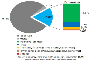 Tortendiagramm, das den globalen erneuerbaren Energieverbrauch im Jahr 2008 zeigt, unterteilt in Abschnitte für fossile Brennstoffe, Kernenergie, Wasserkraft, Warmwasserheizung, Biomasse, Solarenergie, Geothermie und Biokraftstoffe.