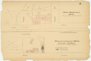 Alte Karte von San Francisco, Kalifornien, mit John Dobson's Mill in der Mitte und detaillierten Straßen, Gebäuden und Sehenswürdigkeiten.