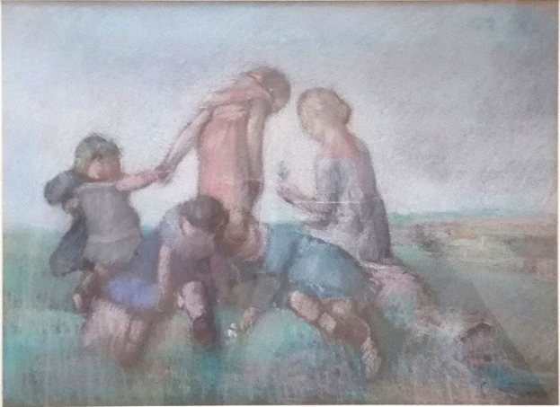 Malerei von Kindern, die auf einem Feld spielen, gerahmt, mit hellen, fröhlichen Farben und spielerischen Ausdrücken.