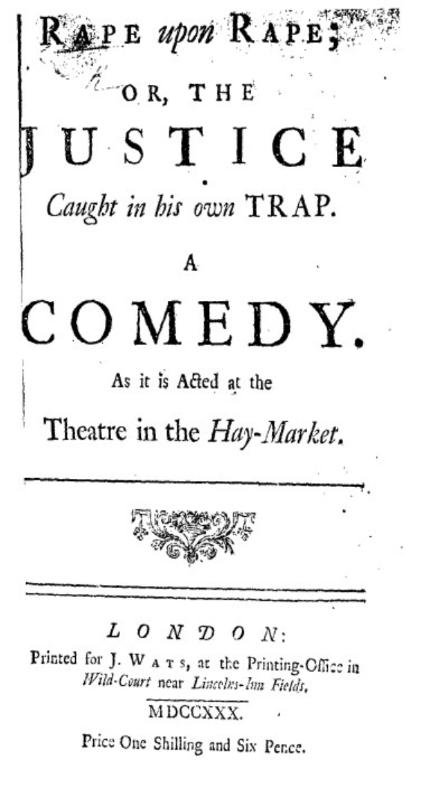 Schwarzes und weißes Plakat mit fetter schwarzer Schrift, die "Vergewaltigung auf Vergewaltigung oder die Gerechtigkeit, die in ihrer eigenen Falle gefangen ist" liest, wahrscheinlich für eine Comedy-Show beworben.