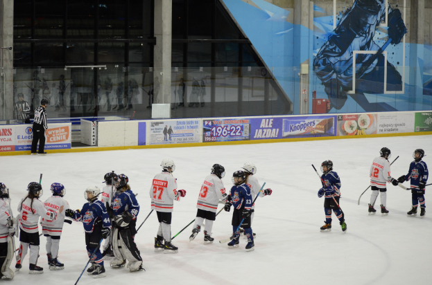 Gruppe junger Menschen beim Eishockeyspielen auf einer Indoor-Eisfläche, die Helme tragen und Stöcke halten, mit einer Person links daneben, Bannern, Säulen und Glaswänden im Hintergrund.