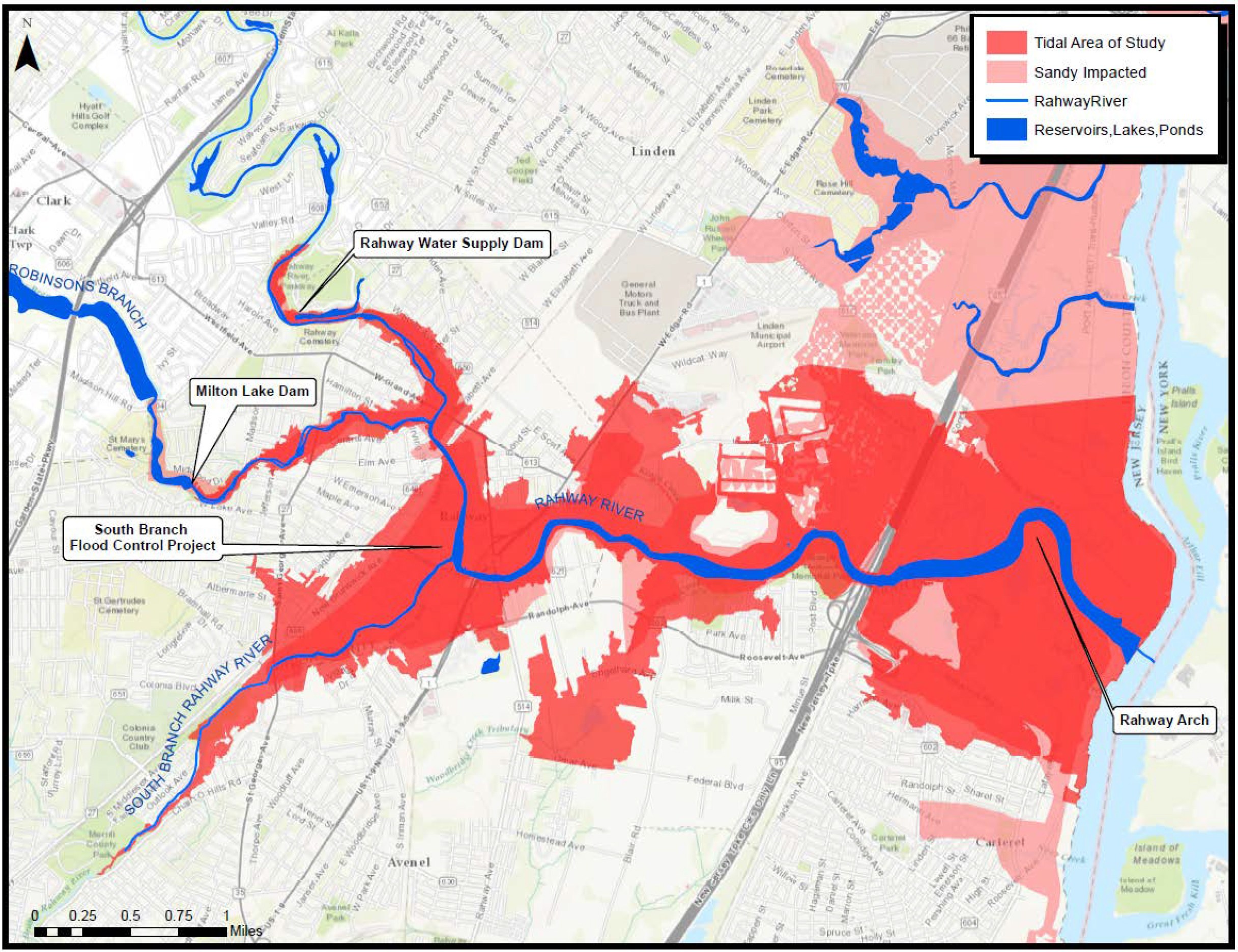 Karte von New York City, die die geplanten Überschwemmungsgebiete in Rot und Blau zeigt, mit Textdetails zu den betroffenen Gewässertypen, Bevölkerung und Projektzeitplan.
