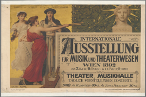 Eine Gruppe von Menschen, die in einem Kreis stehen, mit einer Frau in der Mitte, die ein Musikinstrument hält, auf einem Plakat für die Internationale Ausstellung für Musik und Theaterwesen in Wien, Österreich, mit Text, der Informationen zum Ereignis bereitstellt.
