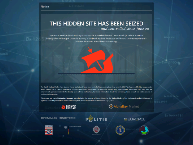 Ein Computerbildschirm mit einer Nachricht "Diese verdeckte Website wurde beschlagnahmt" in fetter, schwarzer Schrift mit einem weißen Rand neben einem Logo der niederländischen Polizei mit einem blauen Schild und einem weißen Stern in der Mitte.