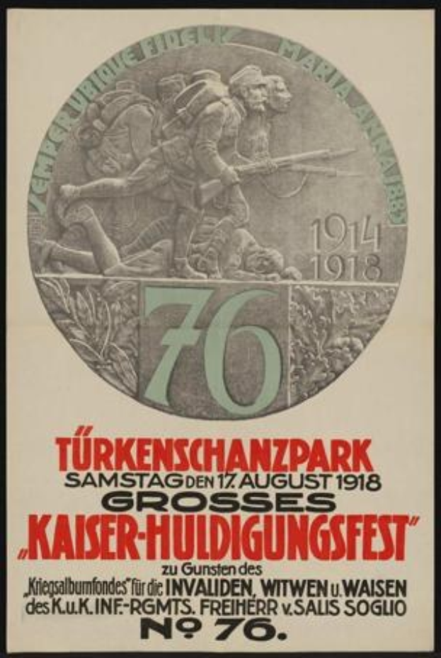 Ein gerahmtes Plakat zum 70. Jahrestag des Kaiser-Huldigungsfestes in Berlin, Deutschland, mit einem zentralen Bild einer Gruppe von Menschen umgeben von Text und Zahlen.