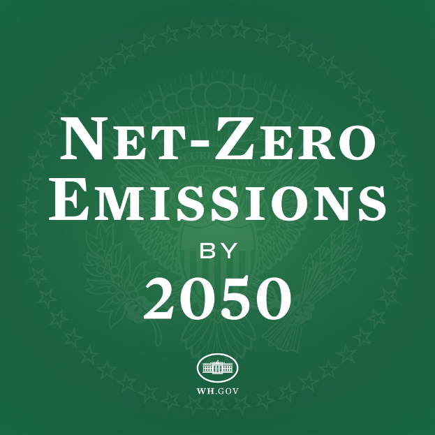 Weißer fetter Text auf einem grünen Hintergrund, der "net-zero emissions by 2050" zeigt.