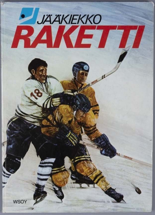 Buchumschlag mit dem Titel "Jääkiekko Raketti", der drei Eishockeyspieler beim Spiel mit Eishockeyschlägern auf einer flachen Oberfläche zeigt.