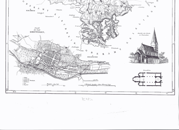 Eine schwarz-weiße alte Karte von Hamburg, Deutschland, mit einer zentralen Kirche und Textanmerkungen.