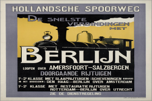 Ein Plakat, das eine Bahnfahrt in Berlin, Deutschland, bewirbt und ein Bild einer Bahn mit Text darauf zeigt.