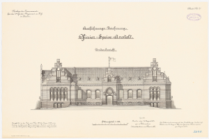 Eine Zeichnung des Hauptsaals des Deutschen Parlaments in Berlin, Deutschland, mit einer Flagge oben und begleitendem Text.