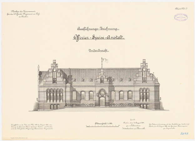 Eine Zeichnung des Hauptsaals des Deutschen Parlaments in Berlin, Deutschland, mit einer Flagge oben und begleitendem Text.