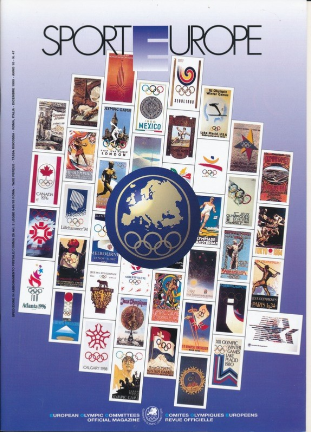 Ein Buchumschlag mit dem Titel "Sporting Europe", der farbenfrohe olympische Bilder, Texte und Symbole aus europäischen Spielen zeigt.