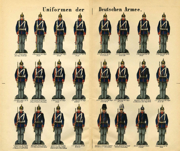 Ein Buch mit einem Raster von verschiedenen deutschen Armeeuniformen mit unterschiedlichen Entwürfen und Farbschemata, begleitet von beschreibendem Text.