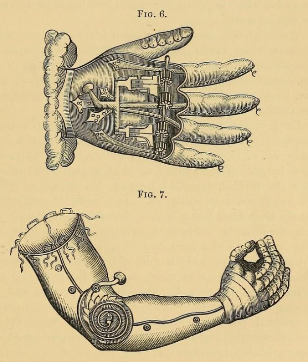Zeichnung von Händen mit einem robotischen Arm aus der frühen 20. Jahrhundert, begleitet von beschreibendem Text.