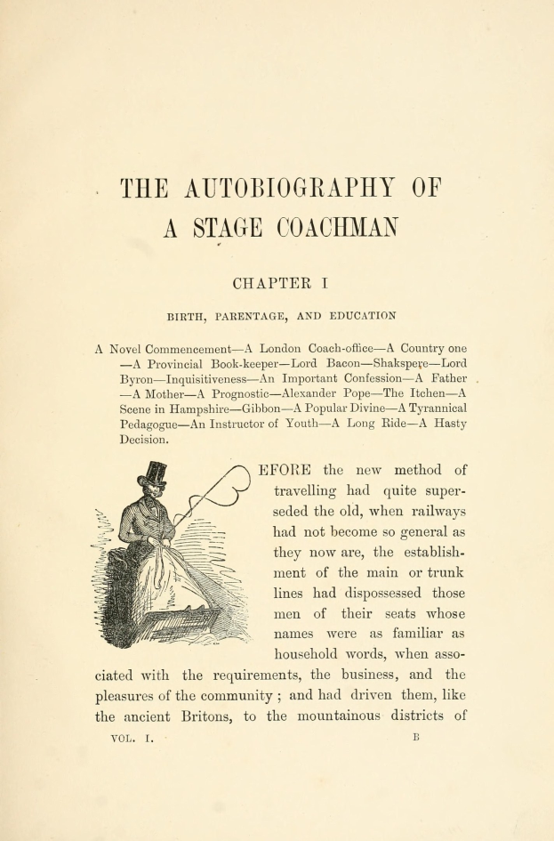Offenes Buch mit dem Titel "Die Autobiografie eines Kutschers" zeigt eine Zeichnung eines ernsten Kutschers in Anzug, Hut und mit Stab und Buch