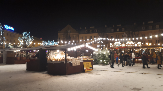 Weihnachtsmarkt bei Nacht mit Menschen, Buden, Pflanzen und Gebäuden unter einem bewölkten Himmel.