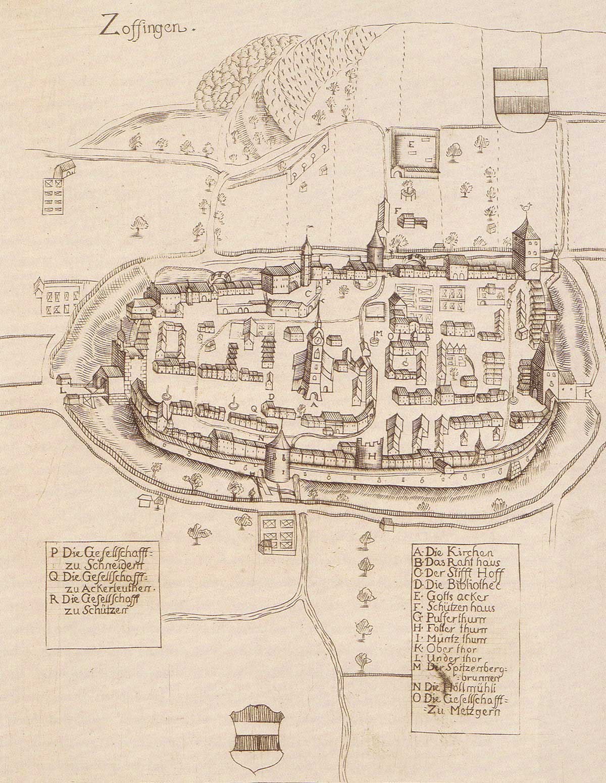 Detailiertes altes Stadtplan von Zoffingen, Deutschland, zeigt Straßen, Gebäude, Bäume und Text auf vergilbtem Papier.