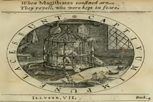 Ein altes Buch mit einer detaillierten Illustration eines Vogels in einem prunkvollen Käfig, umgeben von verschiedenen Tieren, einem Fenster und dekorativem Text.