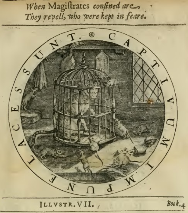 Ein altes Buch mit einer detaillierten Illustration eines Vogels in einem prunkvollen Käfig, umgeben von verschiedenen Tieren, einem Fenster und dekorativem Text.