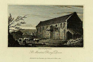 Eine Gravur von St. Martins Kloster in Dyer mit einem Haus, Bäumen, Tieren und einem Himmel im Hintergrund sowie Text unten.