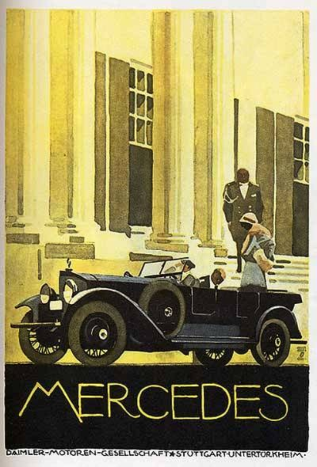 Vintage-Plakat aus den 1920er Jahren von Mercedes-Benz mit einem klassischen Auto vor einem modernen Gl├Ąserbau, mit zwei Personen im Auto und fetter schwarzer Schrift, die unten 'Mercedes-Benz' liest.