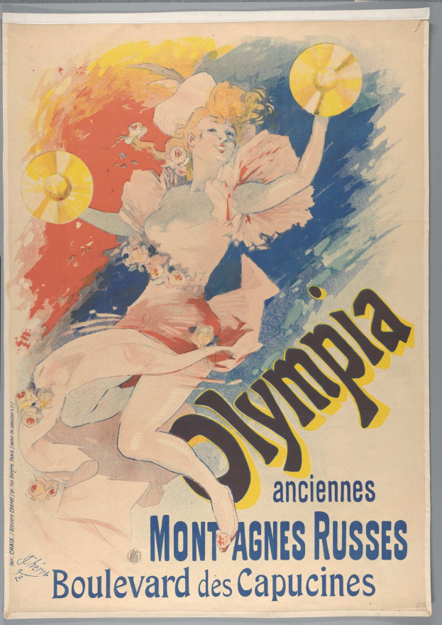 Plakat für die Olympischen Spiele in Mont-Agnes-Russes, Frankreich, mit einer Frau in einem bunten Kleid, die einen Fächer hält, und Text auf dem Plakat.