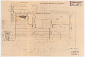 Schwarze und weiße architektonische Zeichnung des Rosenhof-Krankenhauses in Hamburg, Deutschland, die einen detaillierten Grundriss mit zahlreichen Drähten und beschrifteten Räumen, Gängen und Merkmalen auf altem Papier zeigt.