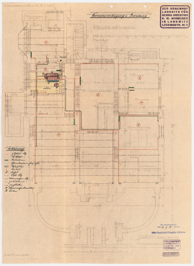 Schwarze und weiße architektonische Zeichnung des Rosenhof-Krankenhauses in Hamburg, Deutschland, die einen detaillierten Grundriss mit zahlreichen Drähten und beschrifteten Räumen, Gängen und Merkmalen auf altem Papier zeigt.