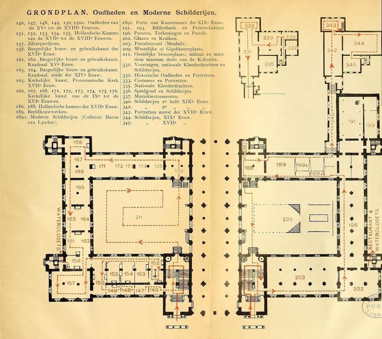 Schwarz-weißer Grundriss eines Museums für moderne Architektur mit beschrifteten Räumen und detaillierten Diagrammen auf einer Buchseite.
