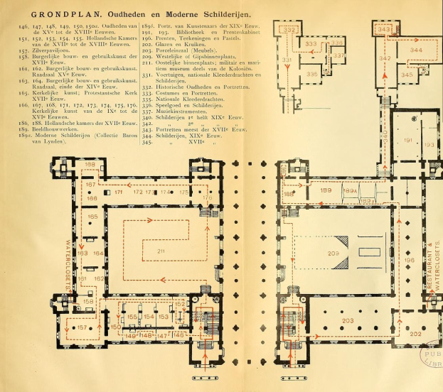 Schwarz-weißer Grundriss eines Museums für moderne Architektur mit beschrifteten Räumen und detaillierten Diagrammen auf einer Buchseite.