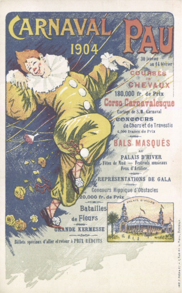 Ein altes Buch mit einem Cover, das einen Clown in einem bunten Kostüm und einen verschmitzten Gesichtsausdruck zeigt, mit der Aufschrift "Carnaval Pau 1904".