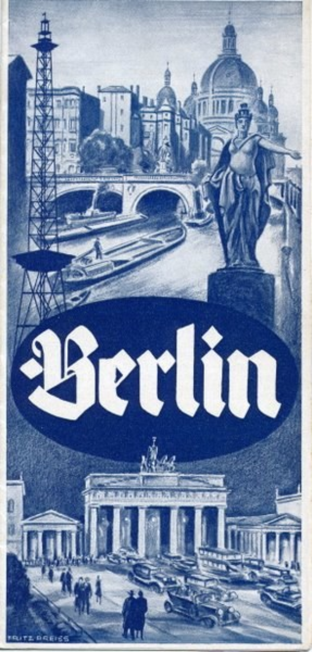 Plakat, das Berlin, Deutschland bewirbt, mit einer Statue, historischen Gebäuden, einem Turm, Fußgängern, Fahrzeugen auf einer Straße und einer Brücke, mit Text, der Stadtinformationen enthält.