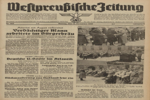 Titelblatt einer deutschen Zeitung vom 13. November 1939, betitelt mit "Weitpreubliche Zeitung", das eine Gruppe von Menschen in traditioneller deutscher Kleidung in einer feierlichen Umgebung zeigt.