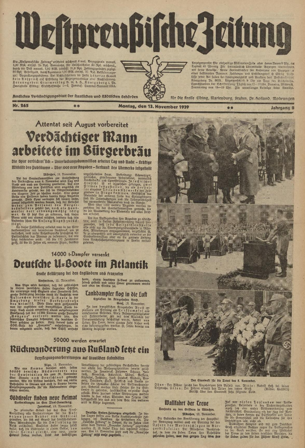 Titelblatt einer deutschen Zeitung vom 13. November 1939, betitelt mit "Weitpreubliche Zeitung", das eine Gruppe von Menschen in traditioneller deutscher Kleidung in einer feierlichen Umgebung zeigt.