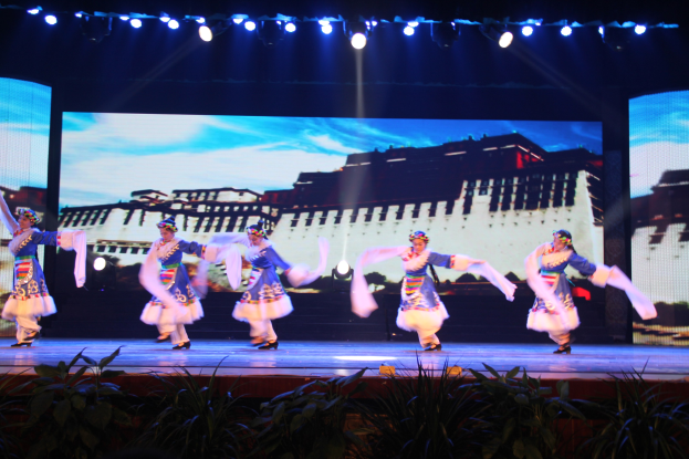 Eine Gruppe von Menschen in bunten Kleidern, die auf einer Bühne tanzen, mit Scheinwerfern von oben und Pflanzen am Boden, vor einem großen Bildschirm im Hintergrund.